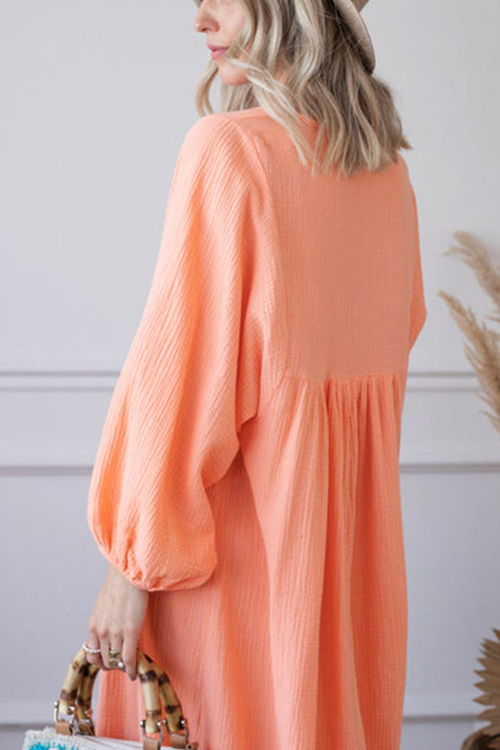 V Neck Lantern Sleeve Cotton Dress Orange · M