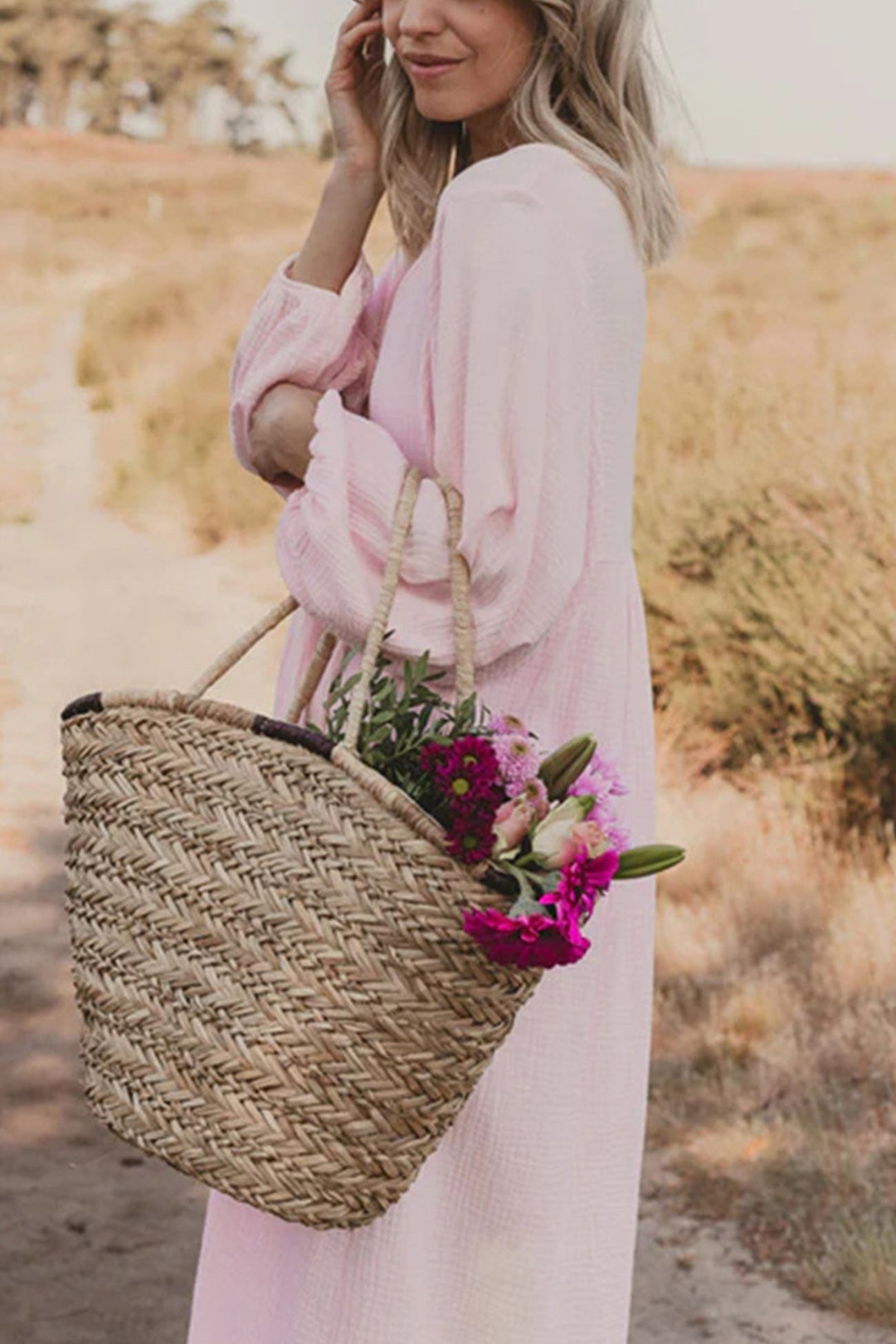 V Neck Lantern Sleeve Cotton Dress Rose · S