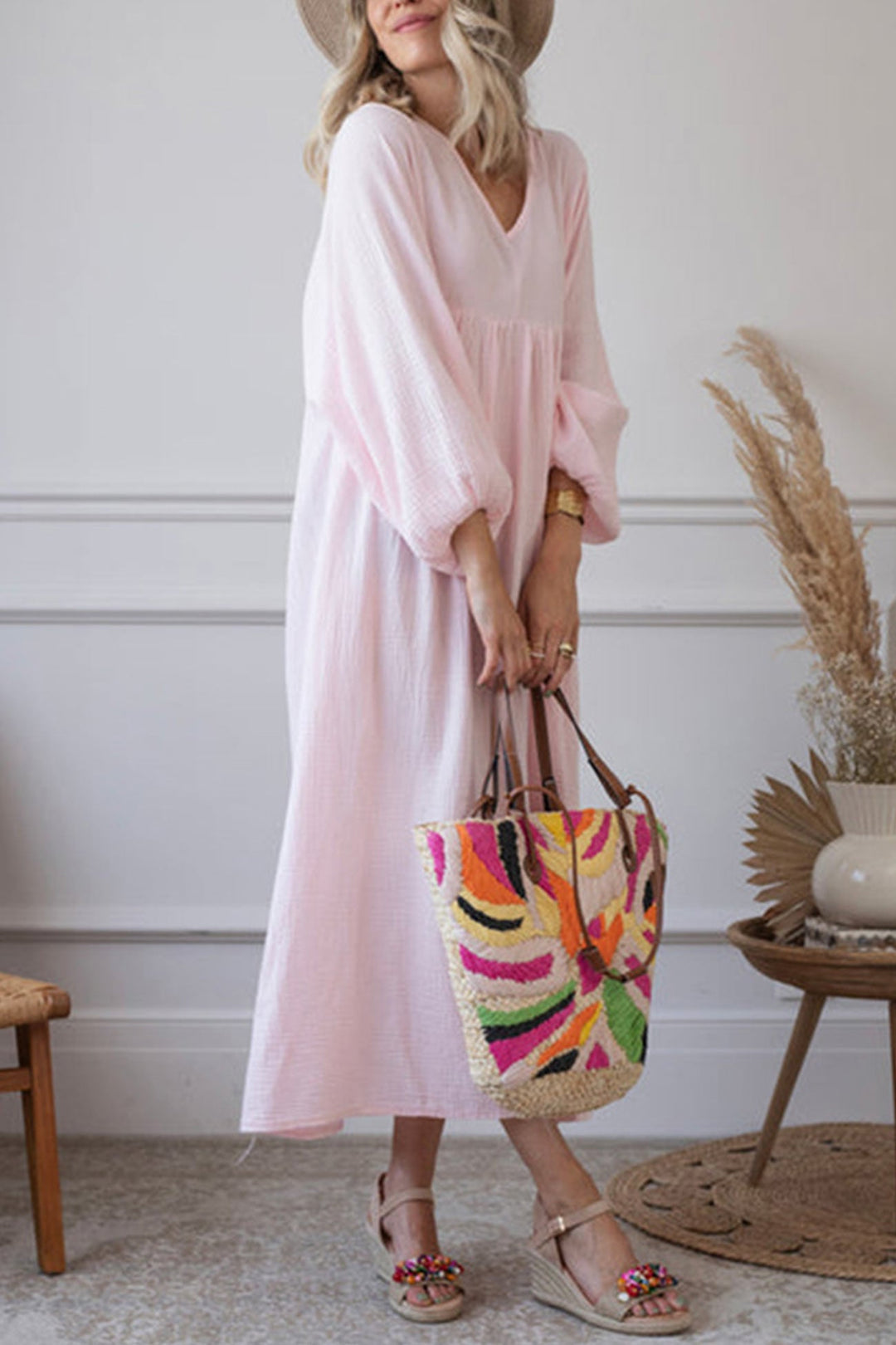V Neck Lantern Sleeve Cotton Dress Pink · L
