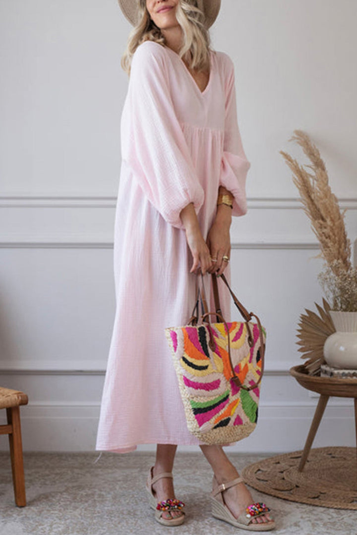 V Neck Lantern Sleeve Cotton Dress Pink · L