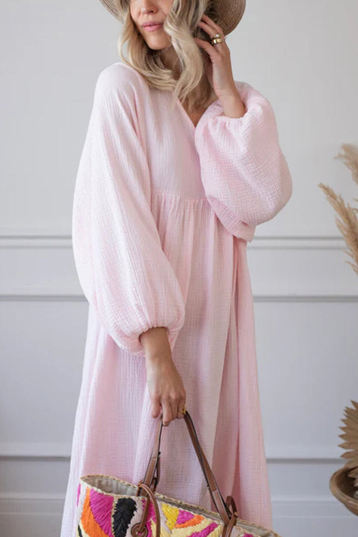 V Neck Lantern Sleeve Cotton Dress Rose · L