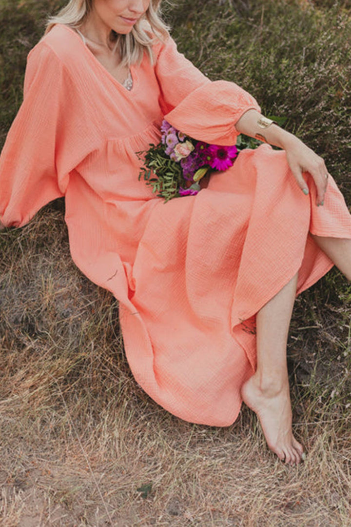 V Neck Lantern Sleeve Cotton Dress Pink · S