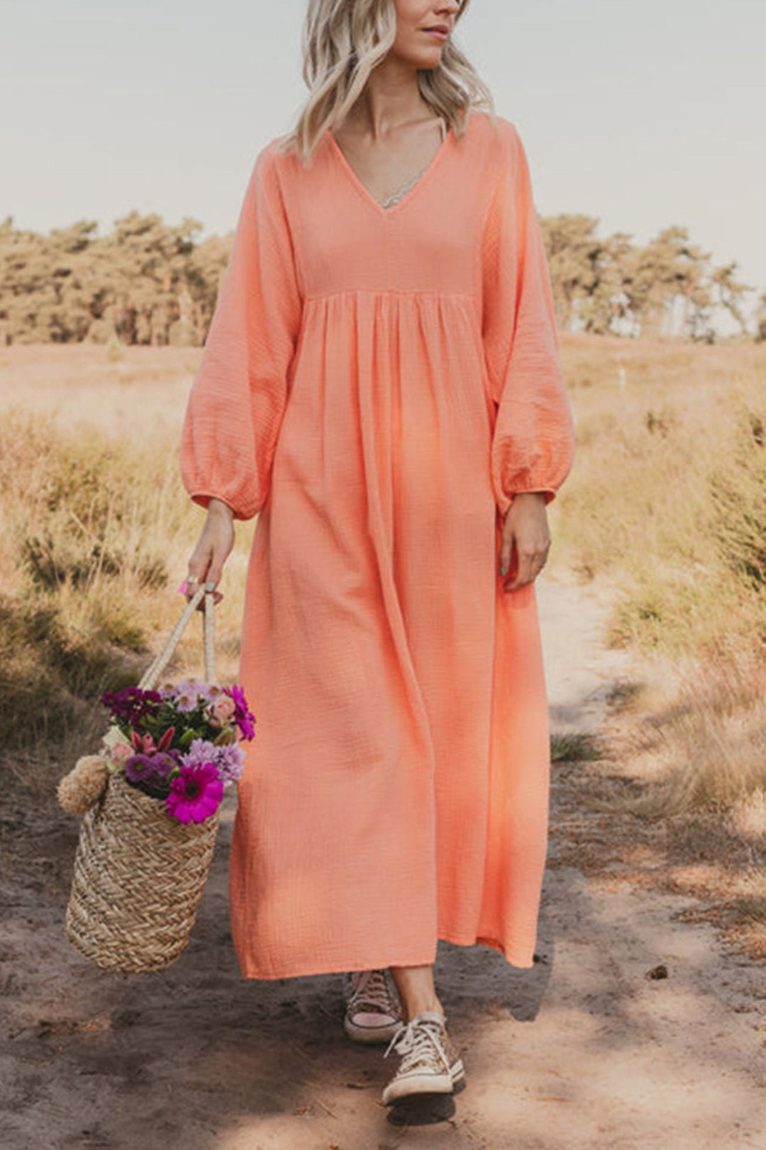 V Neck Lantern Sleeve Cotton Dress Orange · L