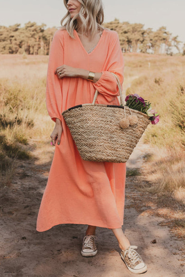 V Neck Lantern Sleeve Cotton Dress Orange · S
