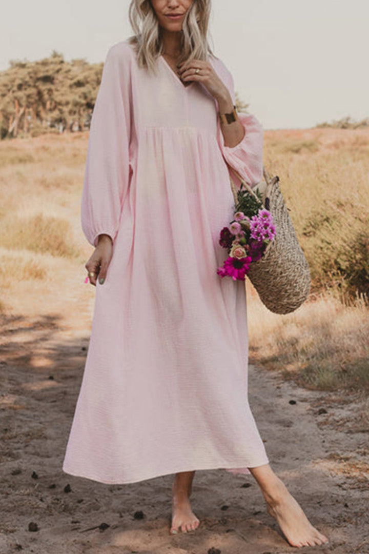 V Neck Lantern Sleeve Cotton Dress Pink · M