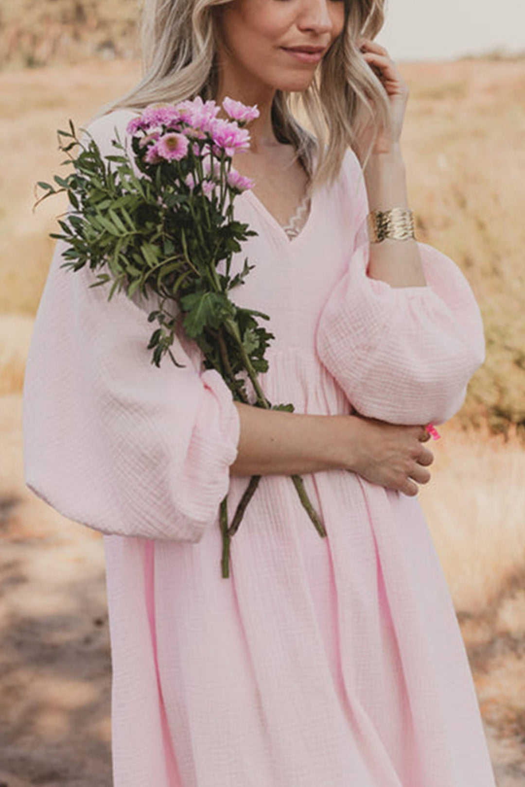 V Neck Lantern Sleeve Cotton Dress Rose · M