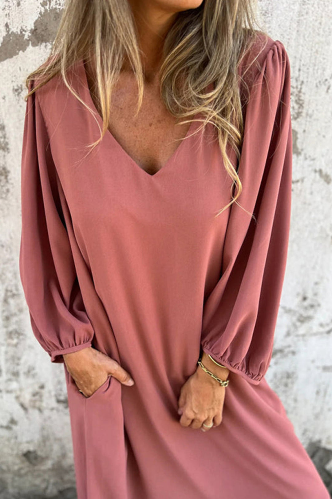 V Neck Lantern Sleeve Maxi Dress Pink · XL