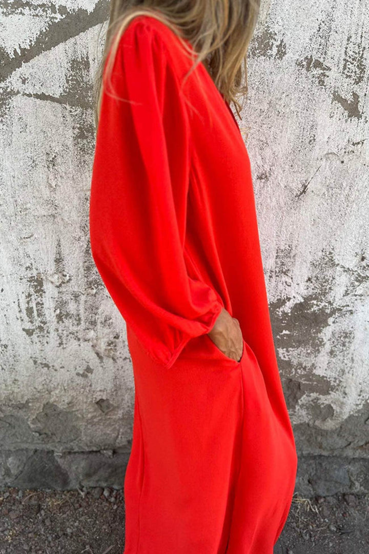 V Neck Lantern Sleeve Maxi Dress Red · M