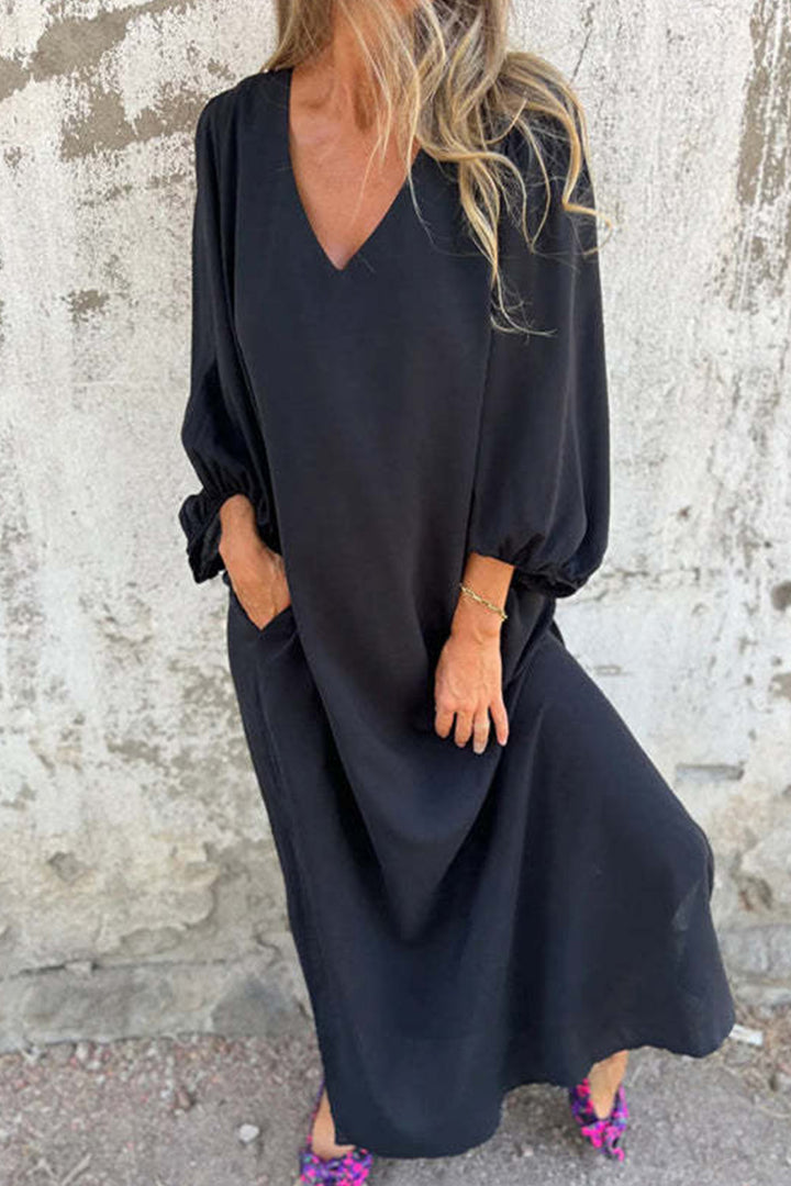 V Neck Lantern Sleeve Maxi Dress Khaki · 2XL