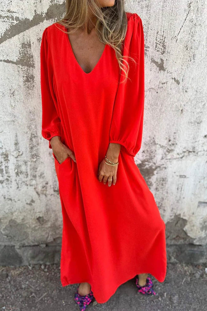 V Neck Lantern Sleeve Maxi Dress Red · S