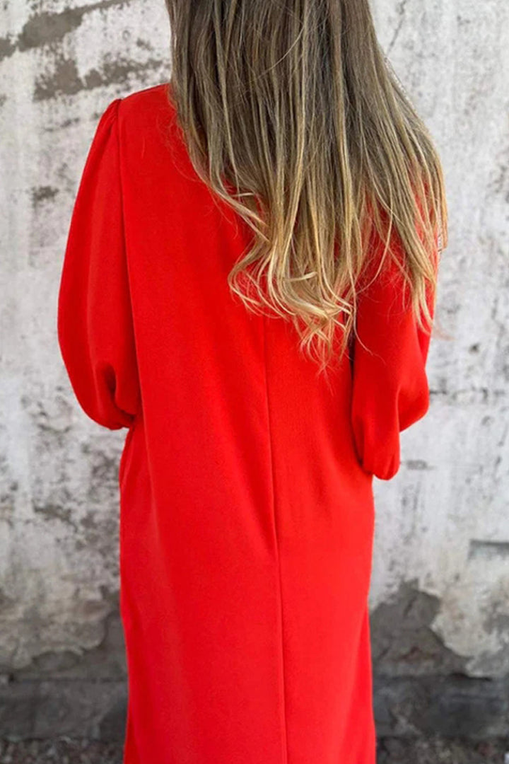 V Neck Lantern Sleeve Maxi Dress Red · L