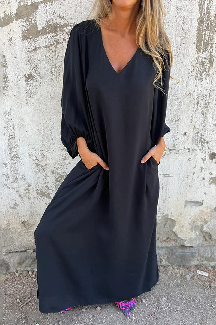 V Neck Lantern Sleeve Maxi Dress Khaki · L