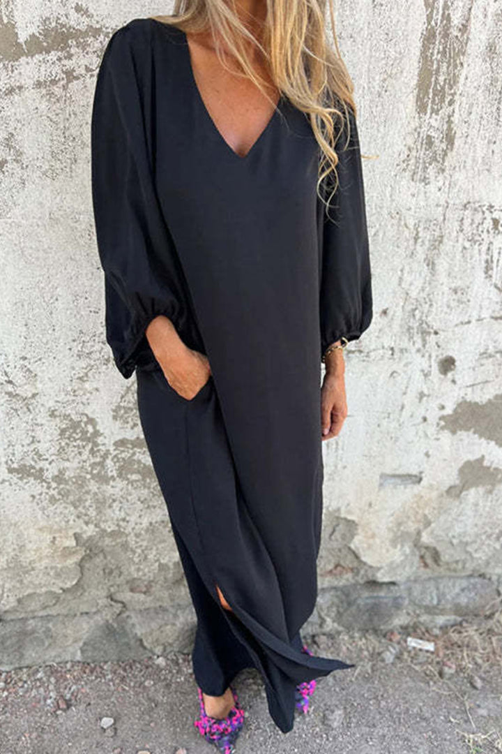 V Neck Lantern Sleeve Maxi Dress Khaki · 3XL