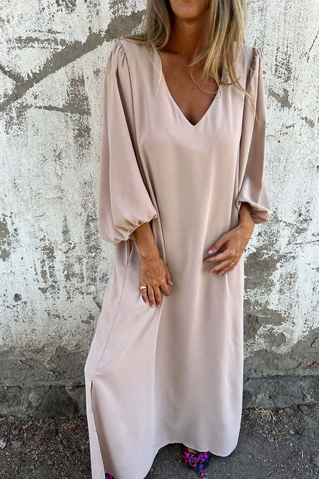 V Neck Lantern Sleeve Maxi Dress Red · XL