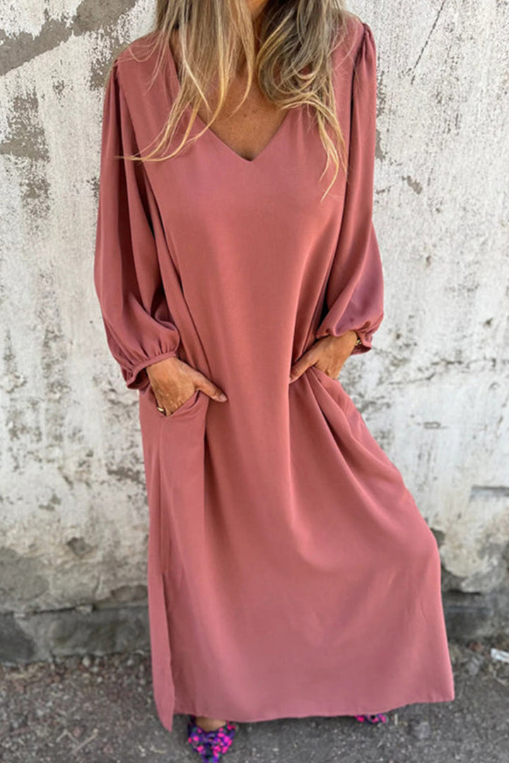 V Neck Lantern Sleeve Maxi Dress Pink · L