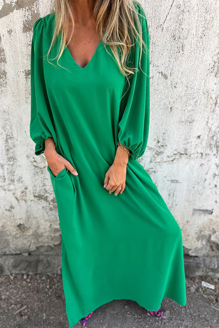 V Neck Lantern Sleeve Maxi Dress Khaki · M