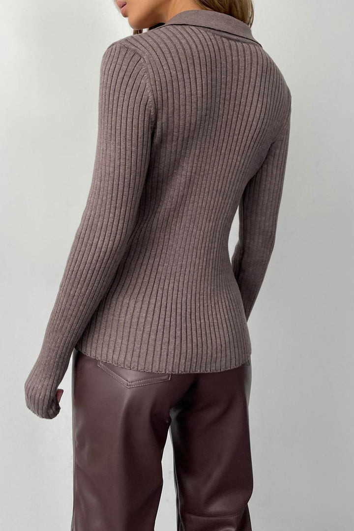 V Neck Lapel Ribbed Knit Top Coffee · L