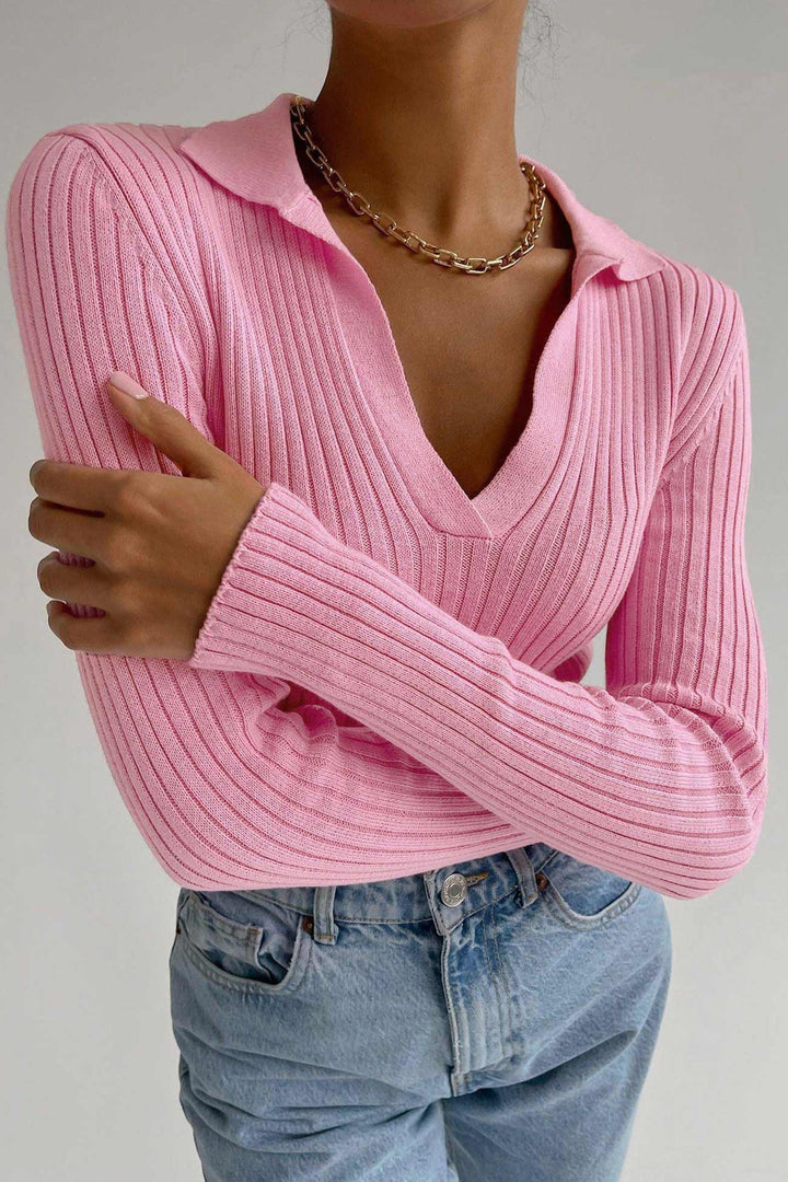 V Neck Lapel Ribbed Knit Top Pink · S