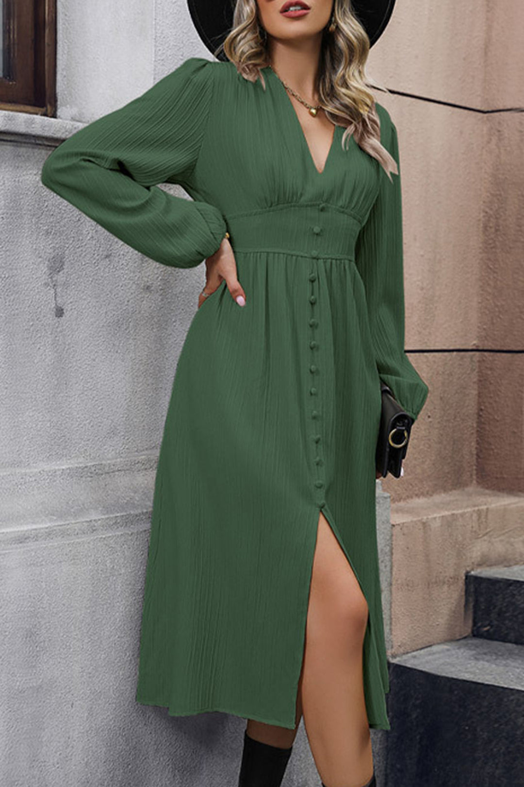 V Neck Long Sleeve Slit Midi Dress Khaki · XL