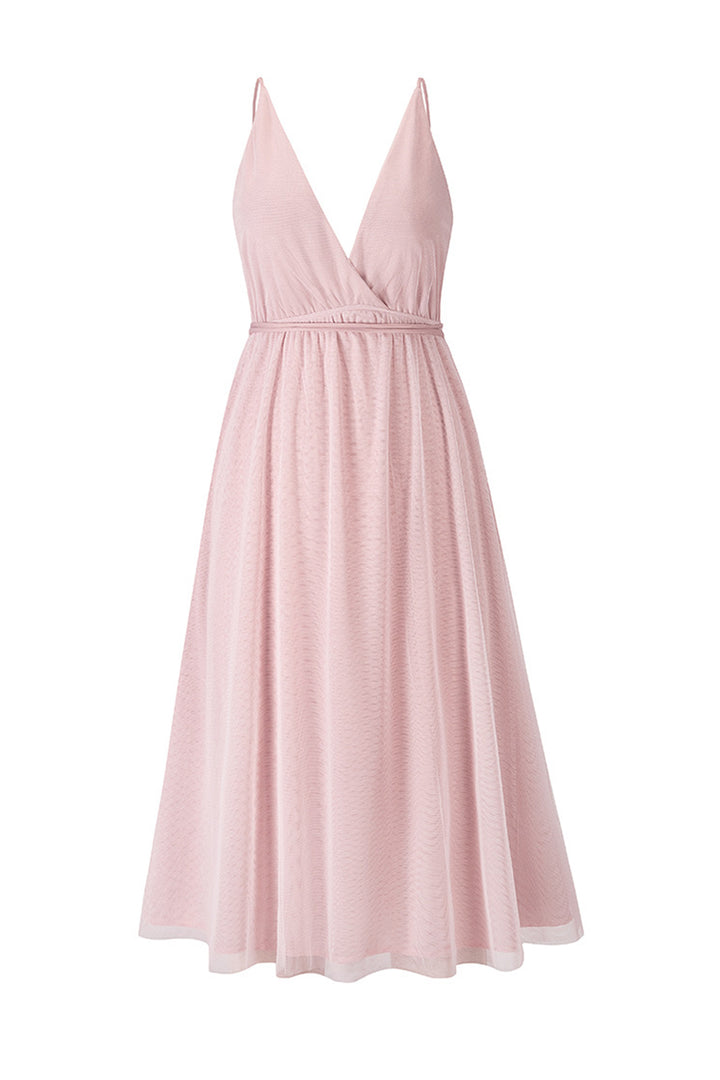 V Neck Mesh Tie-up Cami Dress Pink · L
