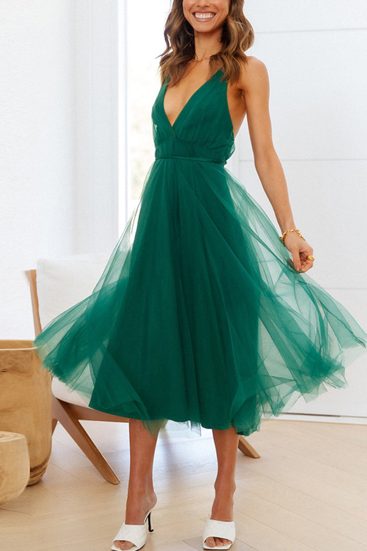 V Neck Mesh Tie-up Cami Dress Green · 2XL