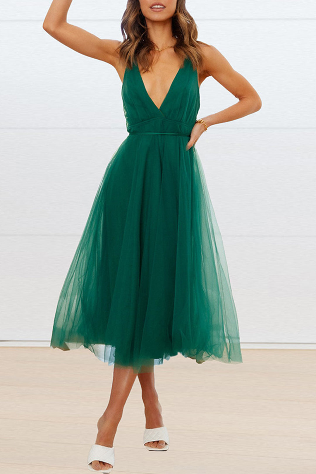 V Neck Mesh Tie-up Cami Dress Green · L