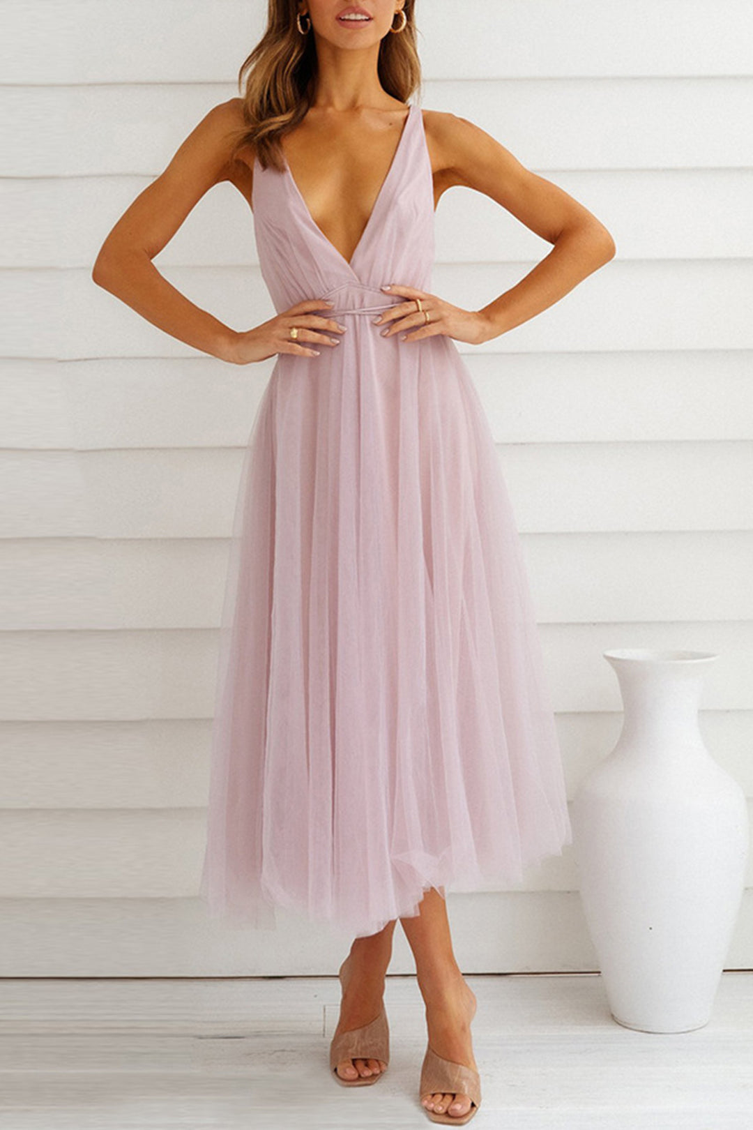 V Neck Mesh Tie-up Cami Dress