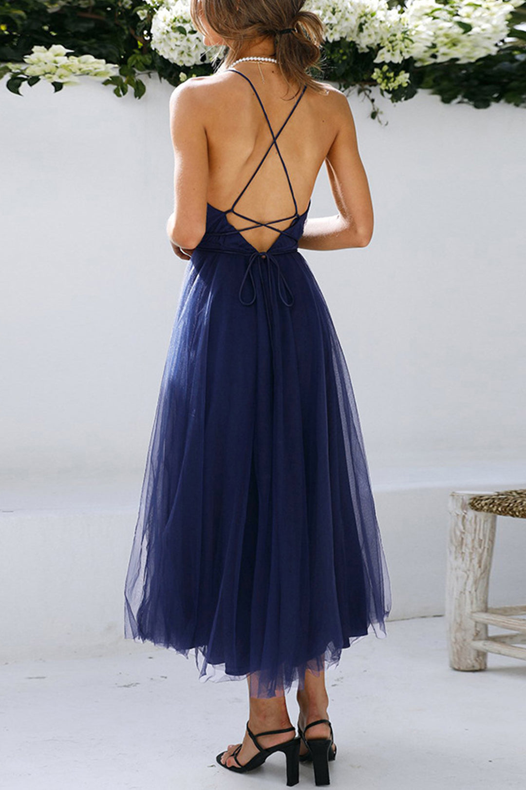 V Neck Mesh Tie-up Cami Dress Royal Blue · M