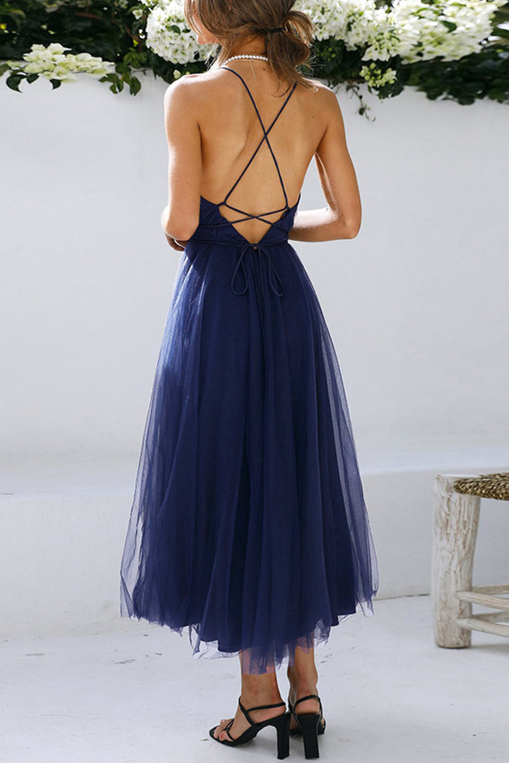 V Neck Mesh Tie-up Cami Dress Royal Blue · M