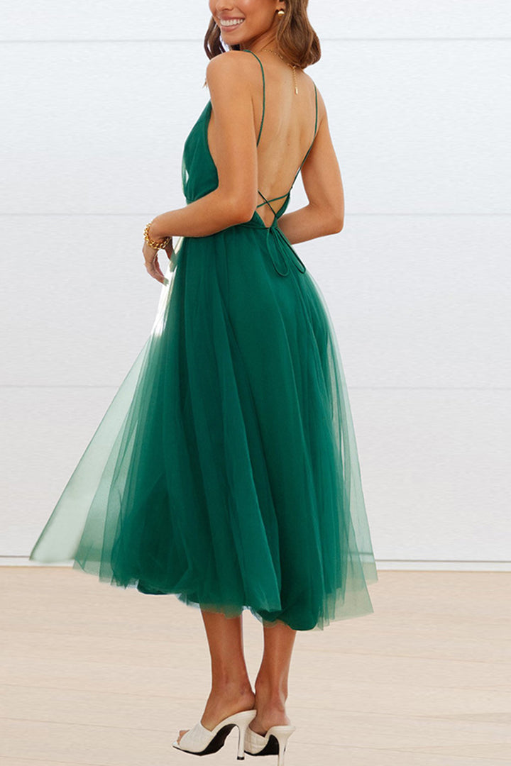 V Neck Mesh Tie-up Cami Dress Green · XL