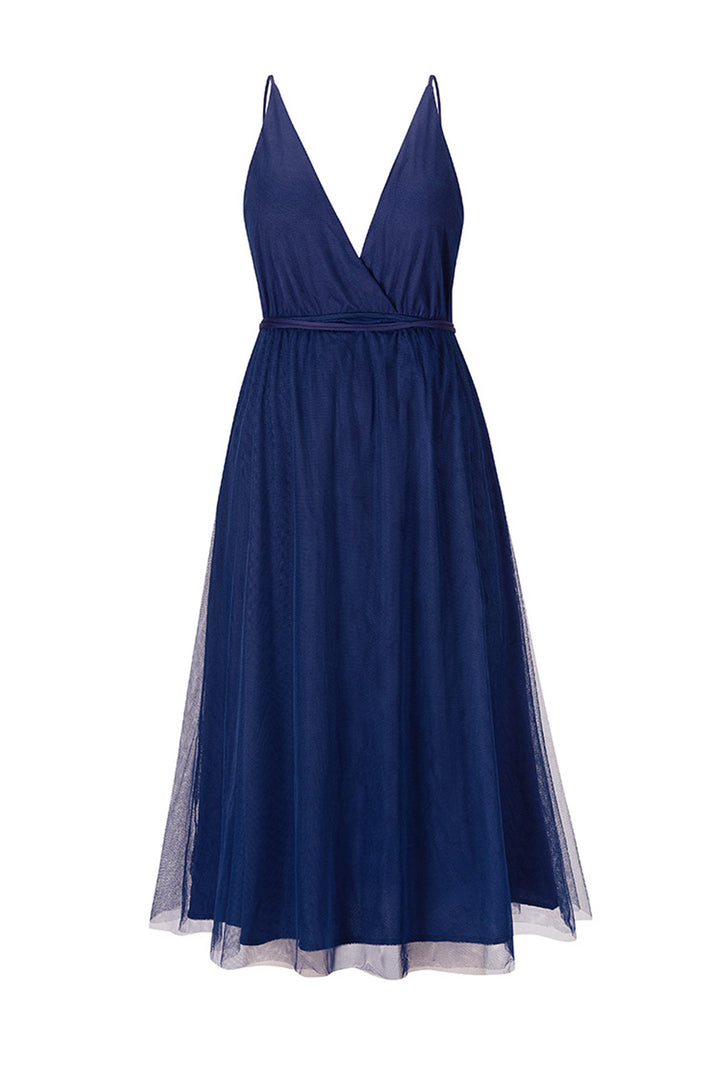 V Neck Mesh Tie-up Cami Dress Royal Blue · 2XL