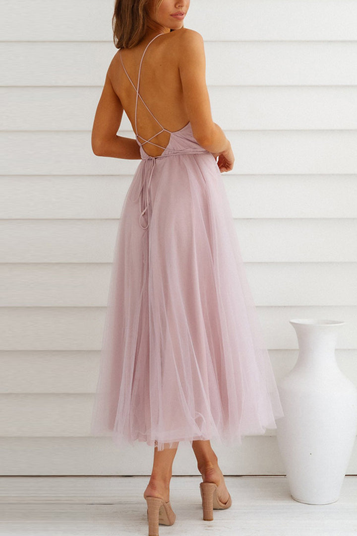 V Neck Mesh Tie-up Cami Dress Pink · S