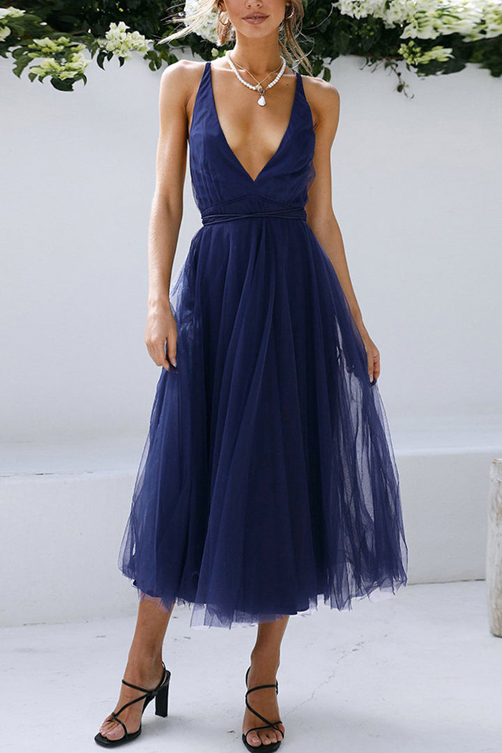 V Neck Mesh Tie-up Cami Dress Royal Blue · L