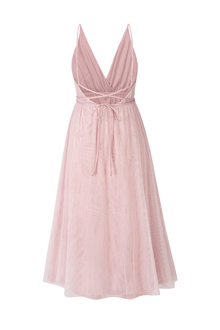 V Neck Mesh Tie-up Cami Dress Pink · 2XL
