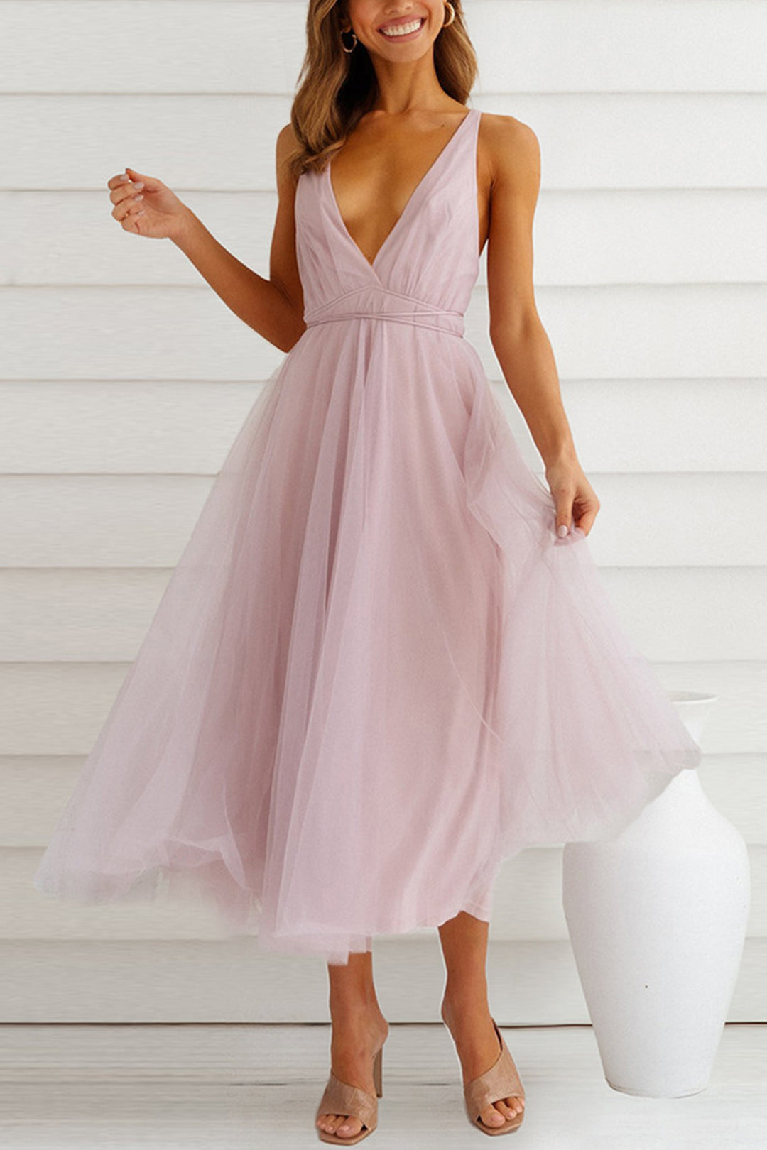 V Neck Mesh Tie-up Cami Dress Pink · M