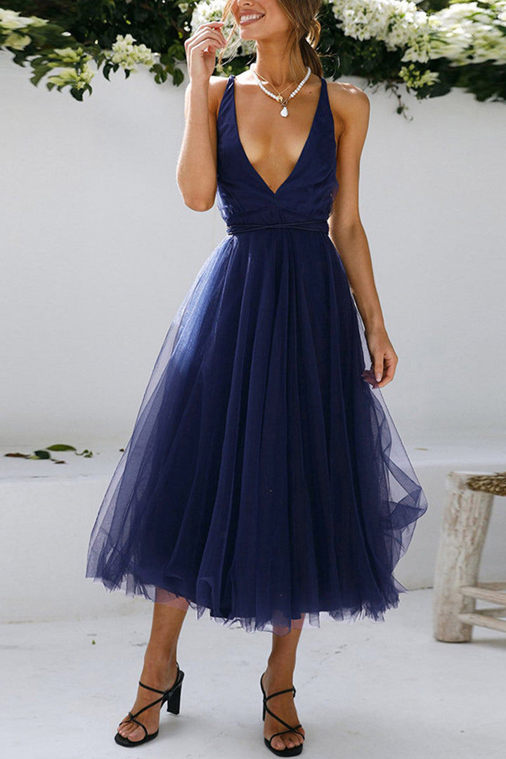 V Neck Mesh Tie-up Cami Dress Royal Blue · S