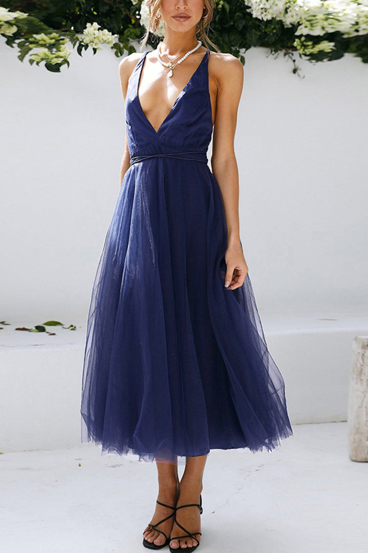 V Neck Mesh Tie-up Cami Dress Royal Blue · XL