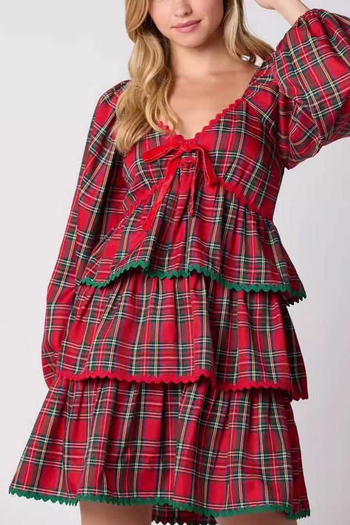 V Neck Plaid Puff Sleeve Tiered Dress Red · XL