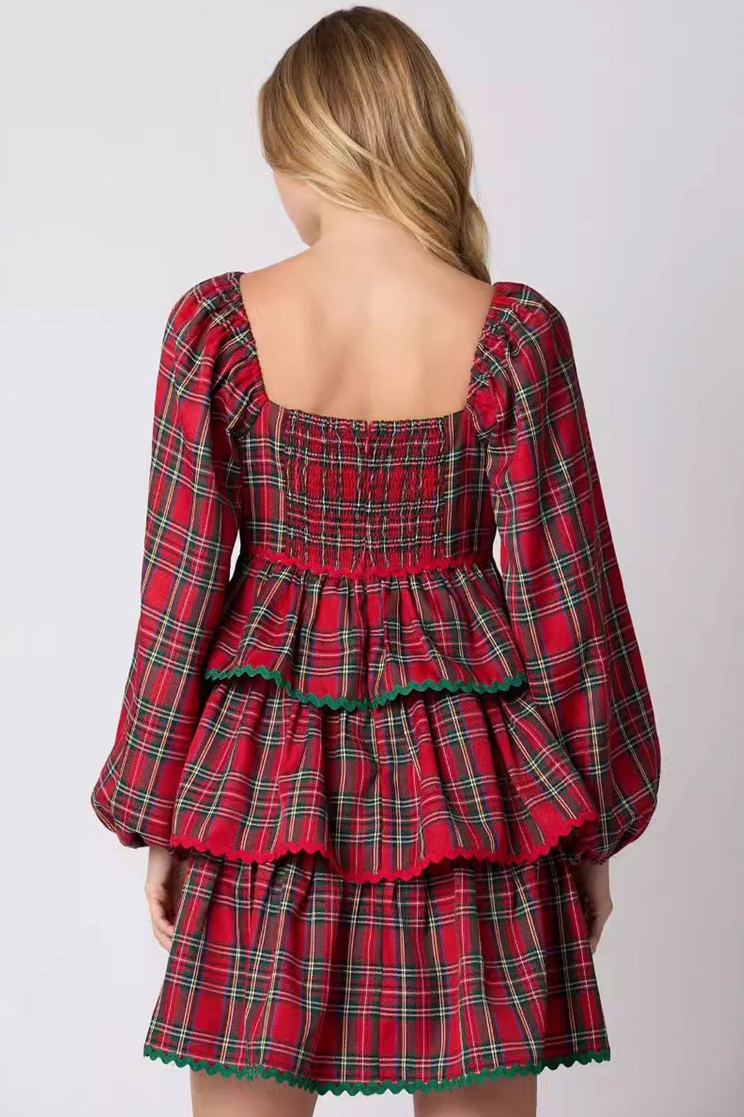 V Neck Plaid Puff Sleeve Tiered Dress Red · M
