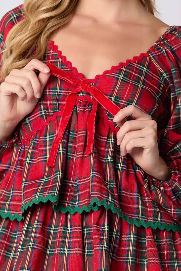 V Neck Plaid Puff Sleeve Tiered Dress Red · L