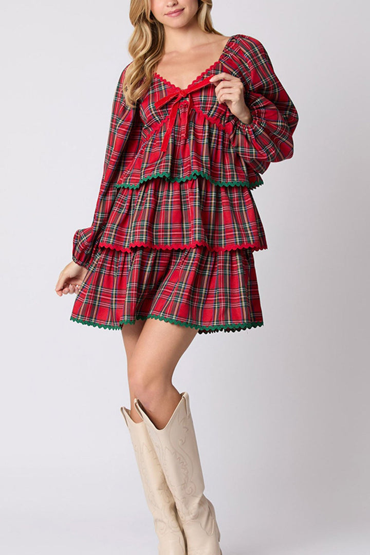 V Neck Plaid Puff Sleeve Tiered Dress Red · S
