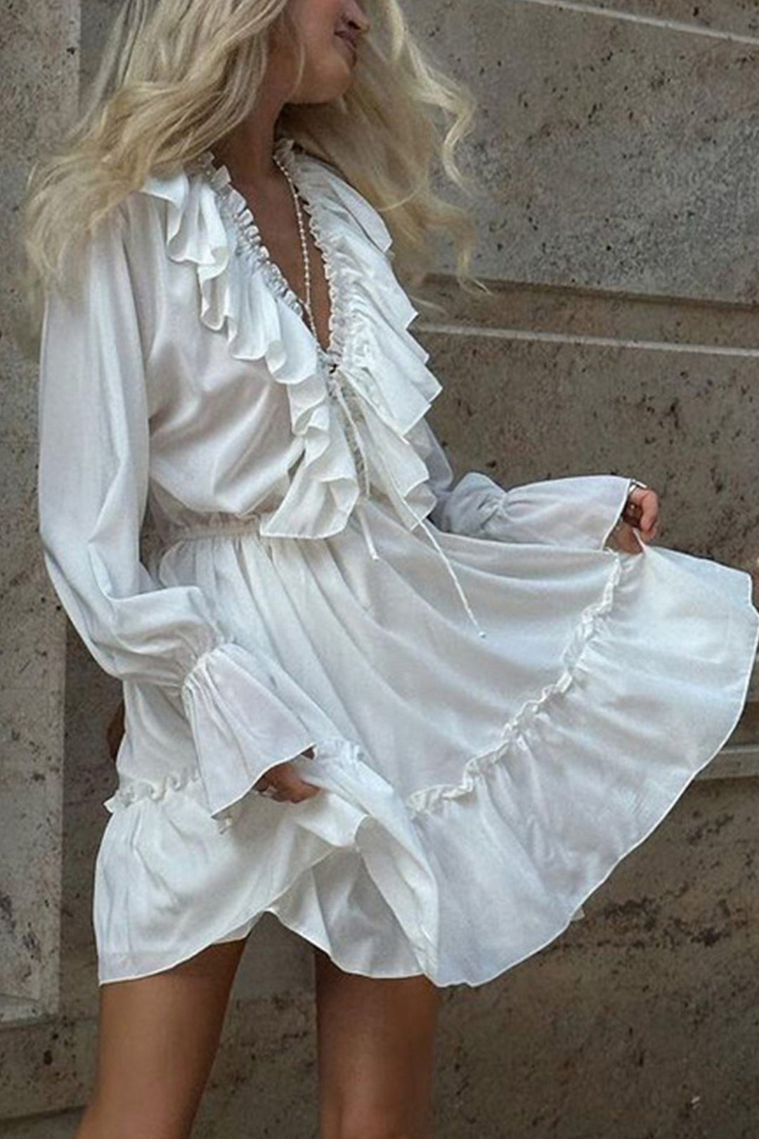 V Neck Pleated Trumpet Sleeve Ruffle Dress White · L