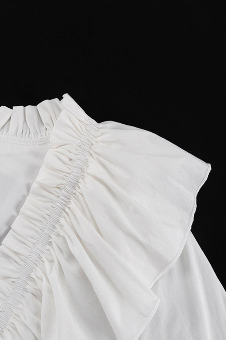 V Neck Pleated Trumpet Sleeve Ruffle Dress Black · M