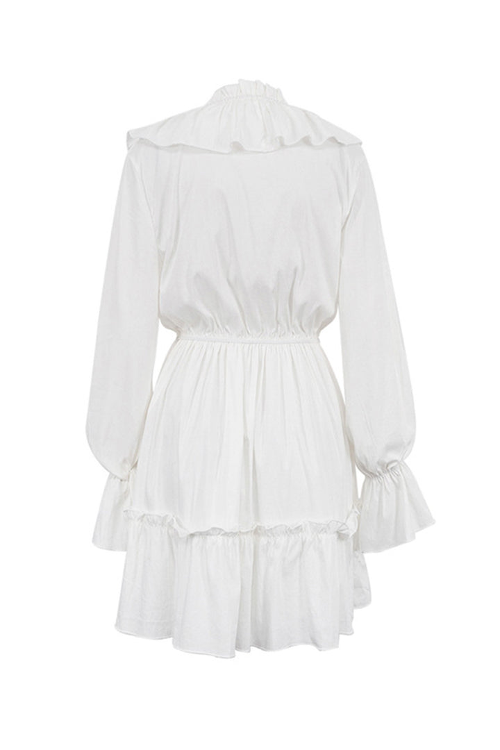 V Neck Pleated Trumpet Sleeve Ruffle Dress Blue · M