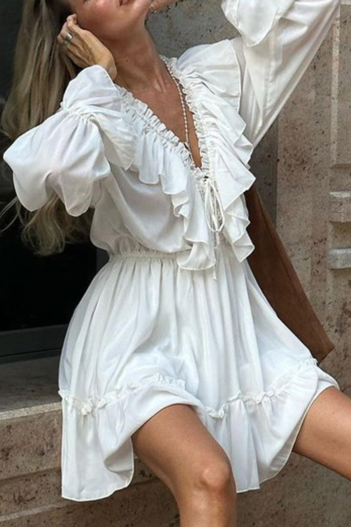 V Neck Pleated Trumpet Sleeve Ruffle Dress White · S