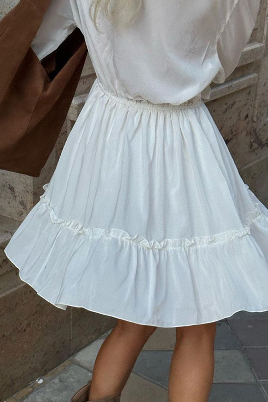 V Neck Pleated Trumpet Sleeve Ruffle Dress White · M