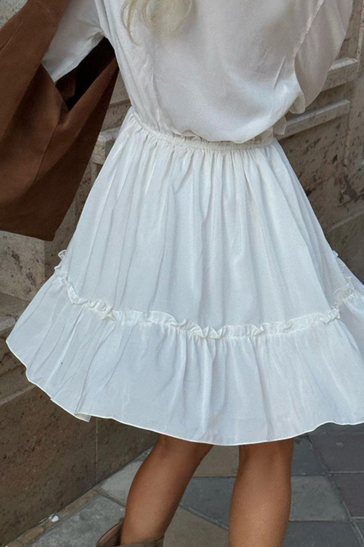 V Neck Pleated Trumpet Sleeve Ruffle Dress White · M