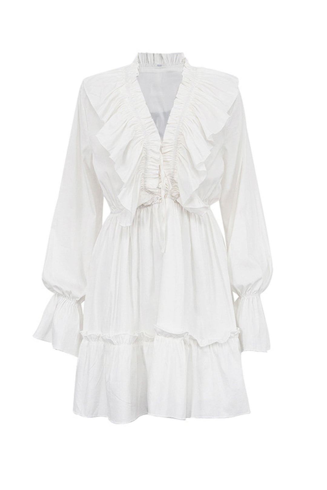 V Neck Pleated Trumpet Sleeve Ruffle Dress Blue · S
