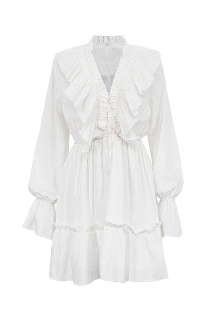 V Neck Pleated Trumpet Sleeve Ruffle Dress Blue · S