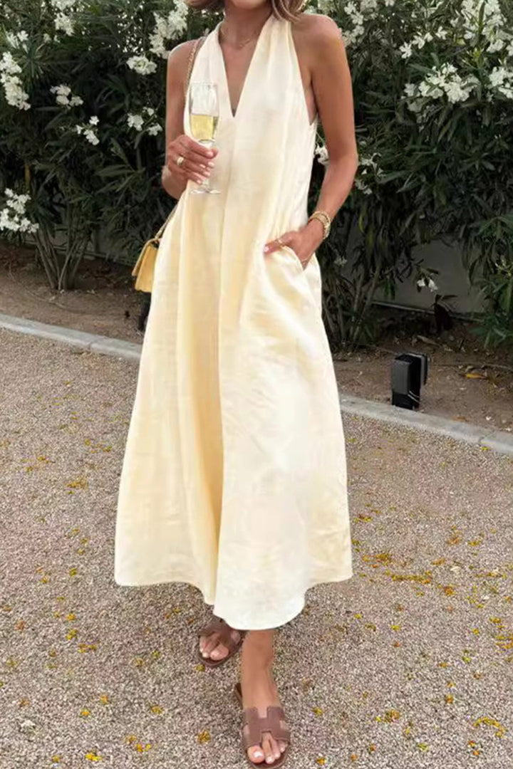 V Neck Pocketed A-line Sundress Light Yellow · S